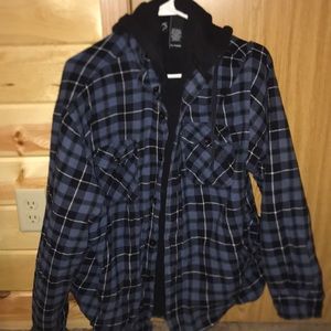 Blue flannel hoodie.